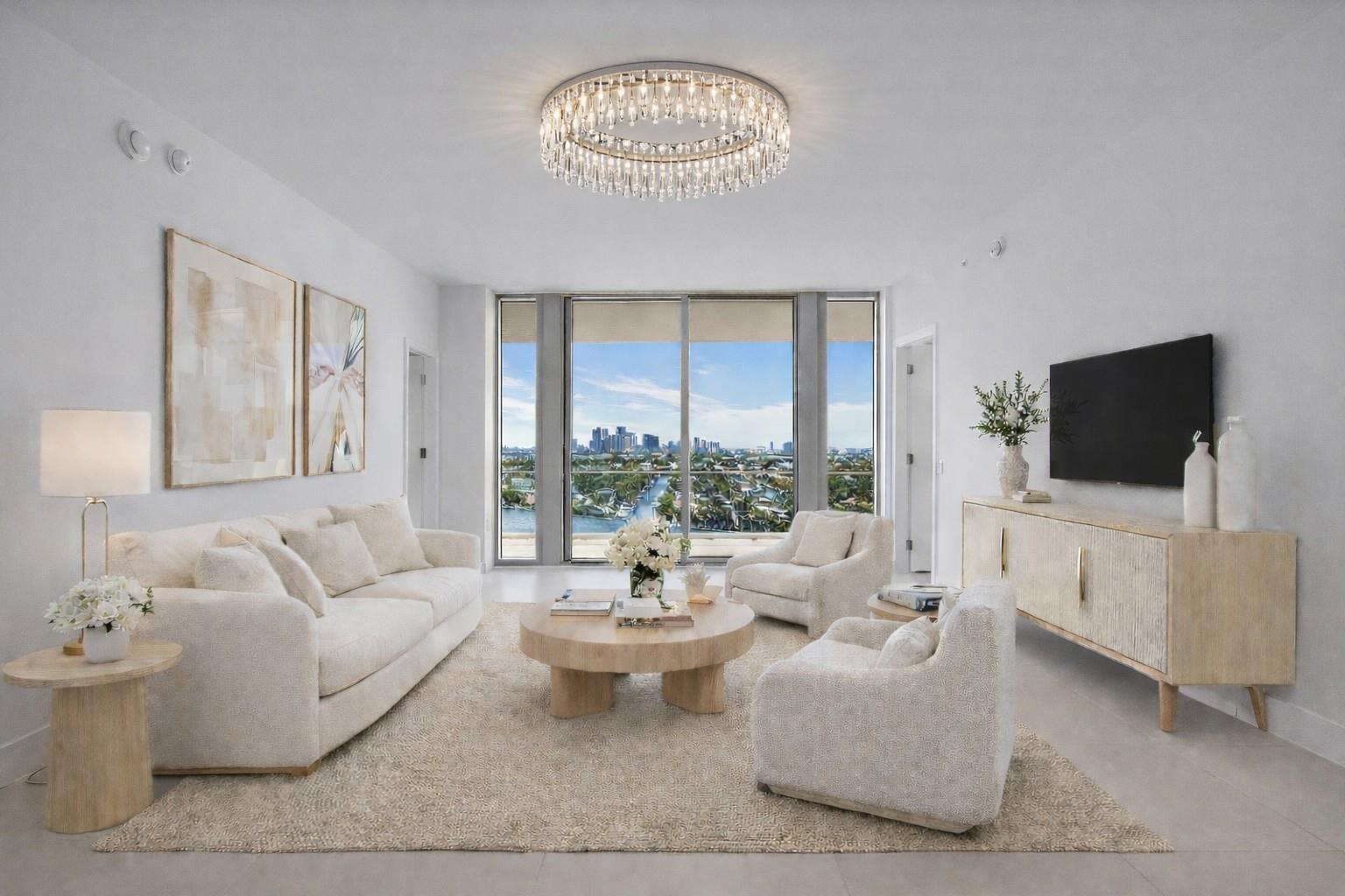 The living room has the matching larger chandelier to the foyer/entrywa, How do you like those sunsets?