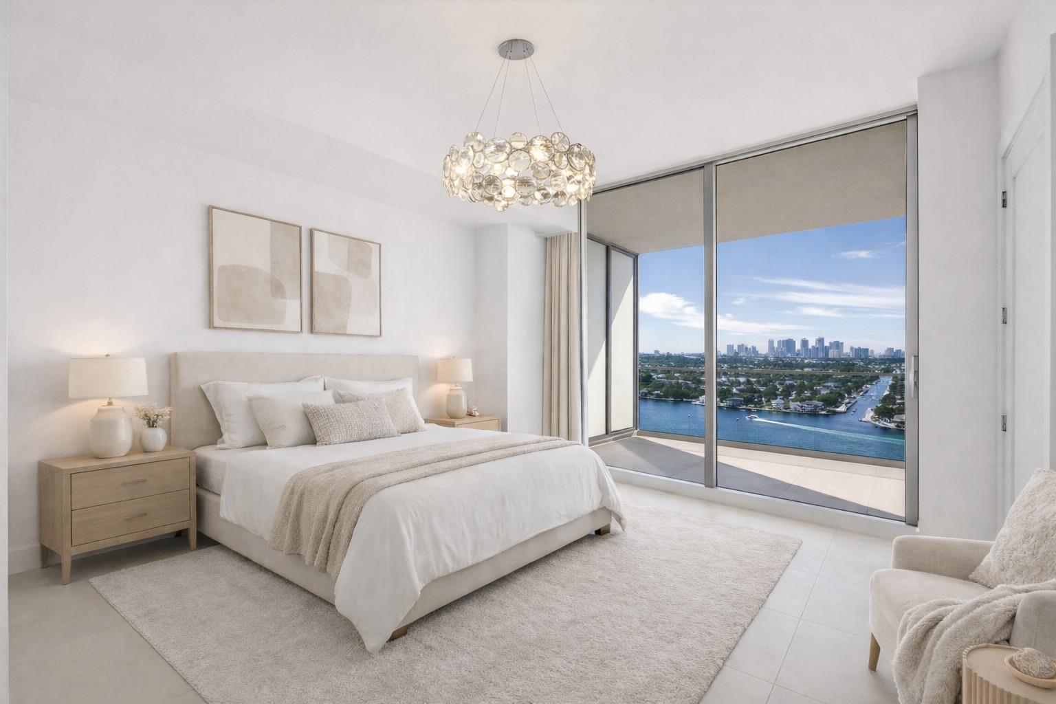 This is the guest bedroom, These photos are staged with furniture and we can place similar colors and furniture inside the unit for you if you are looking for a furnished unit, These are the exact chandelier's that will be installed in both bedrooms for the lease, However if you dont like them, you can choose a replacement from sofary.com