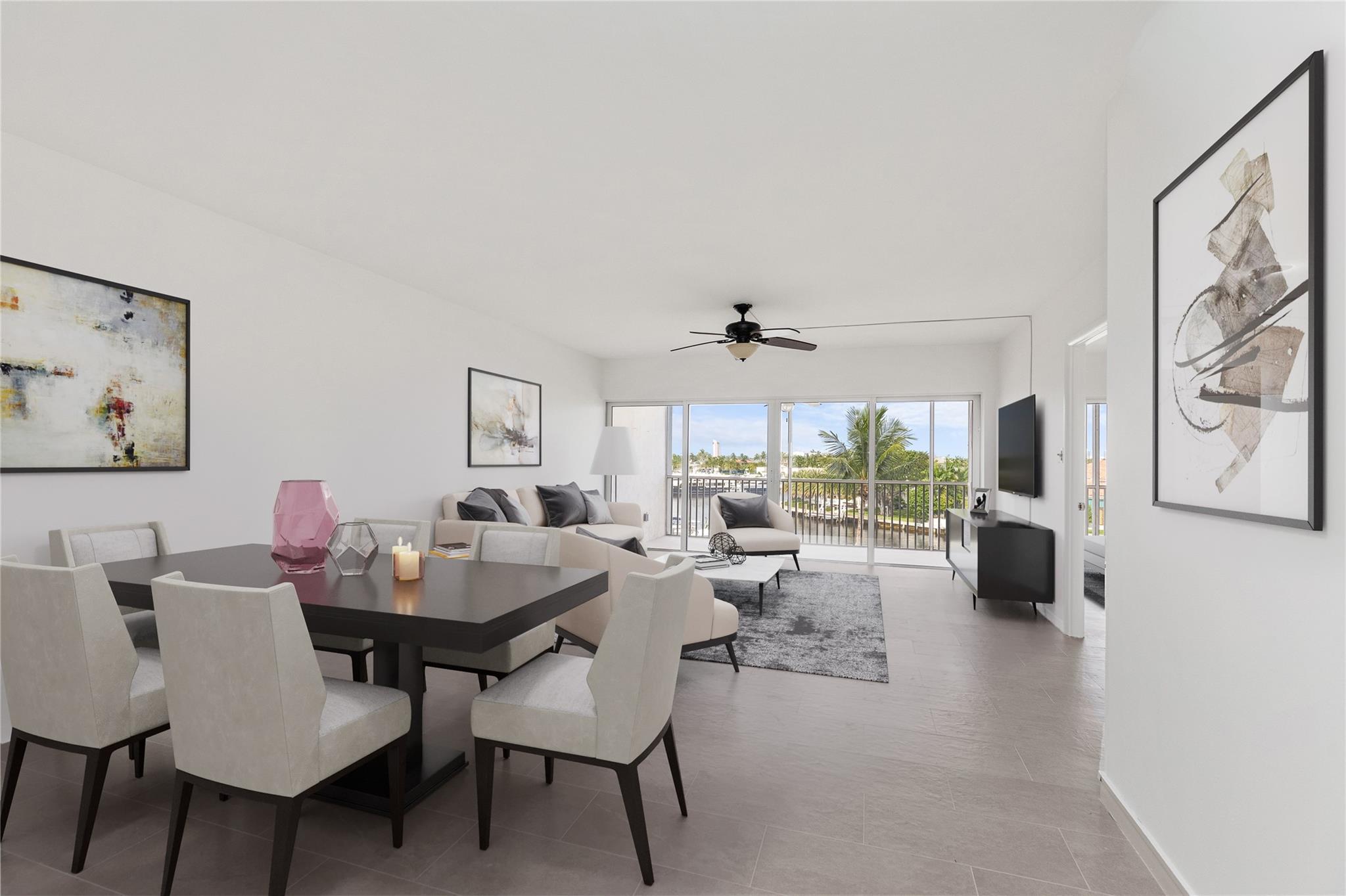 Virtually staged Living & Dining area