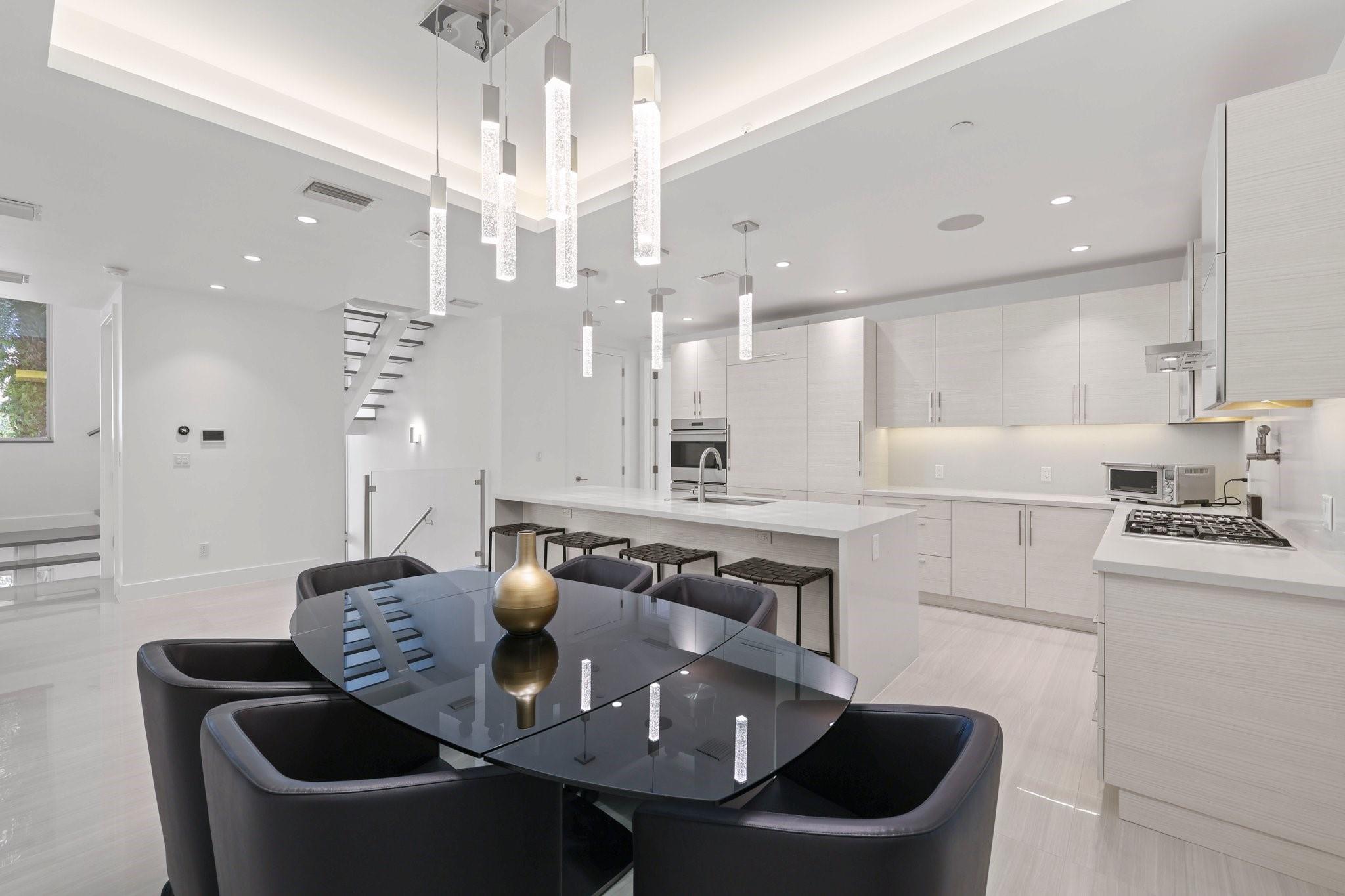 Large dining room with beautiful lighting