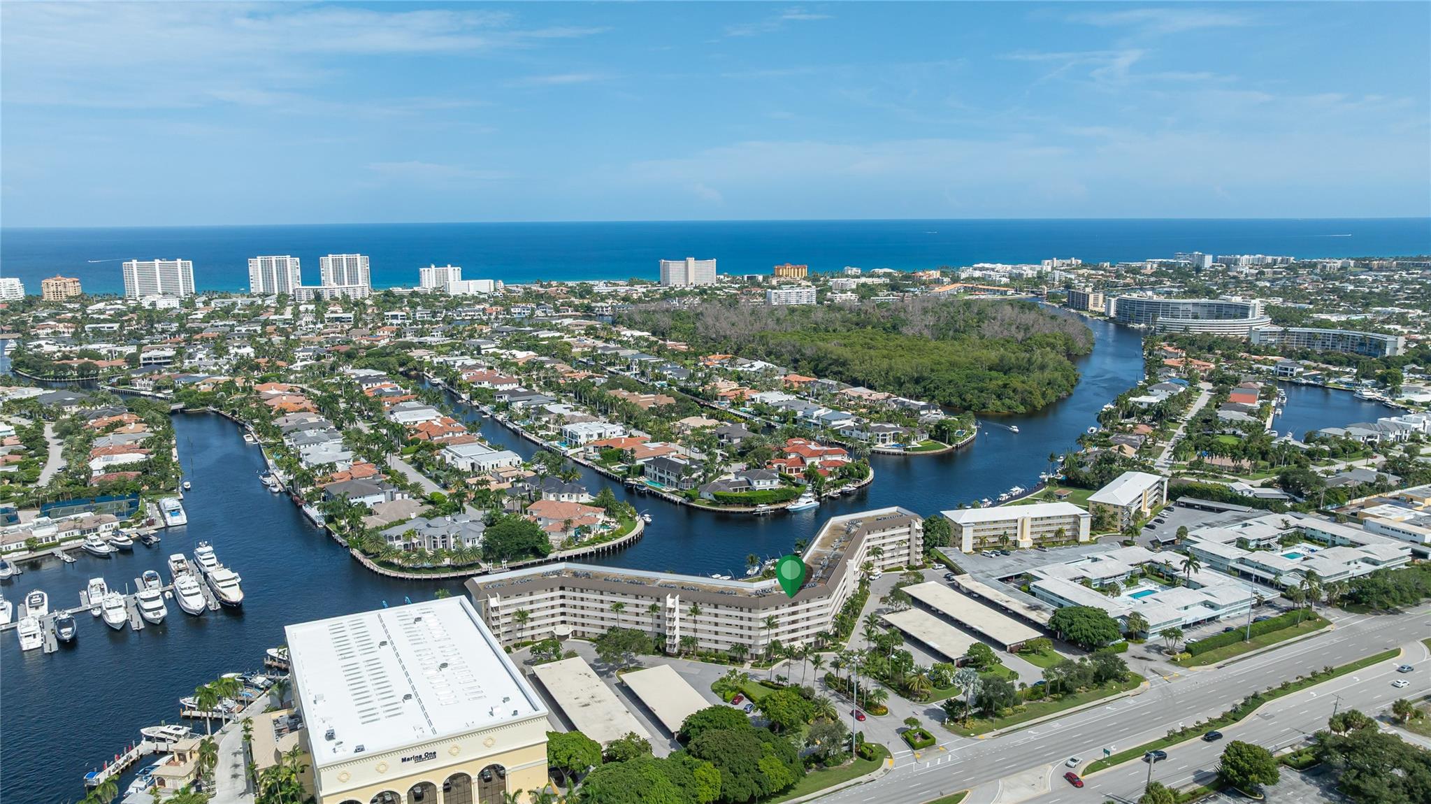 Aerial with River House Towers in foreground and famous Capone Island Preserve to the right. Take a ferry from Sullivan Park and explore this wonderful island time capsule.