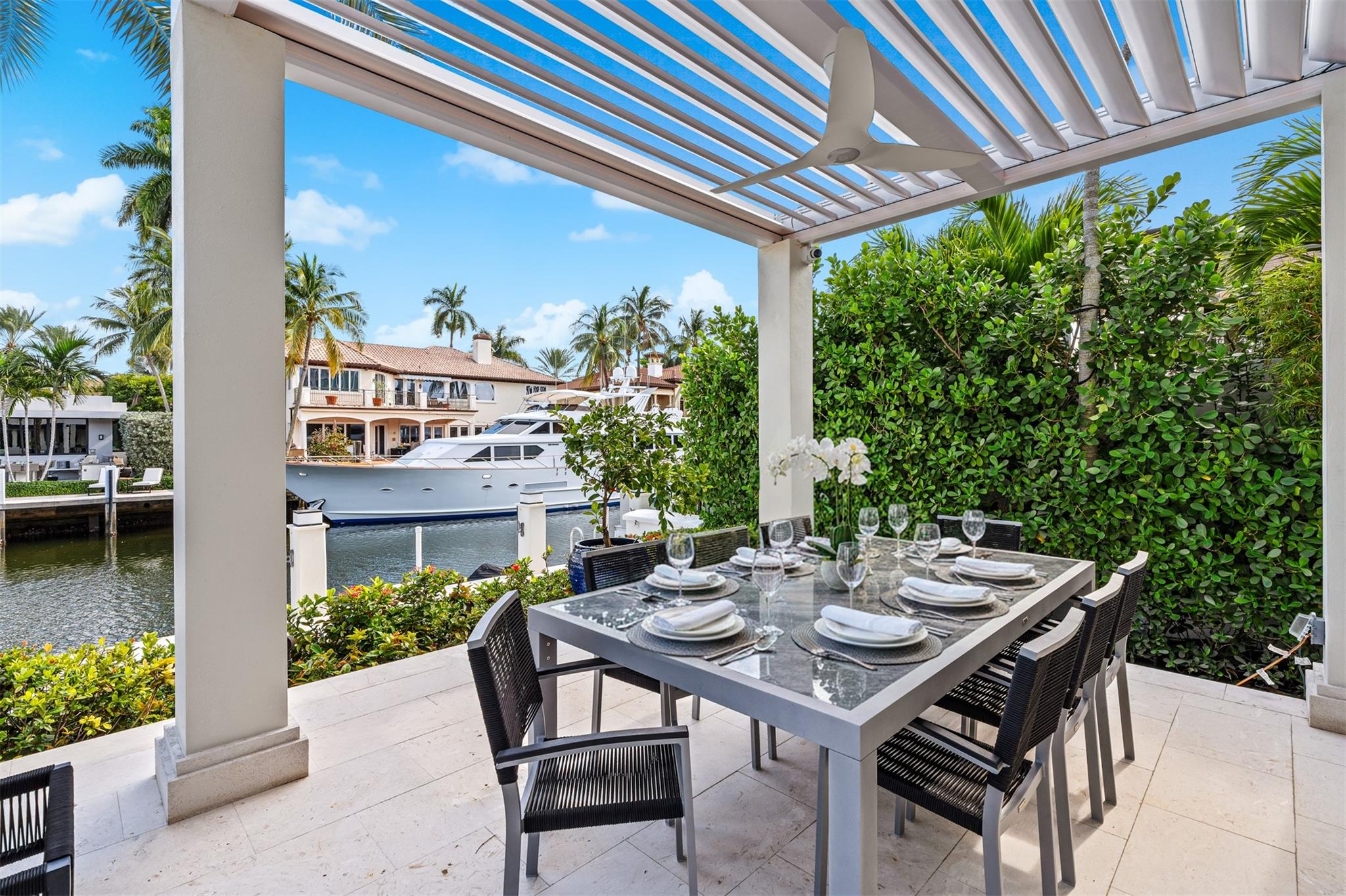 Outdoor space with a cabana bath and versatile shade structure.