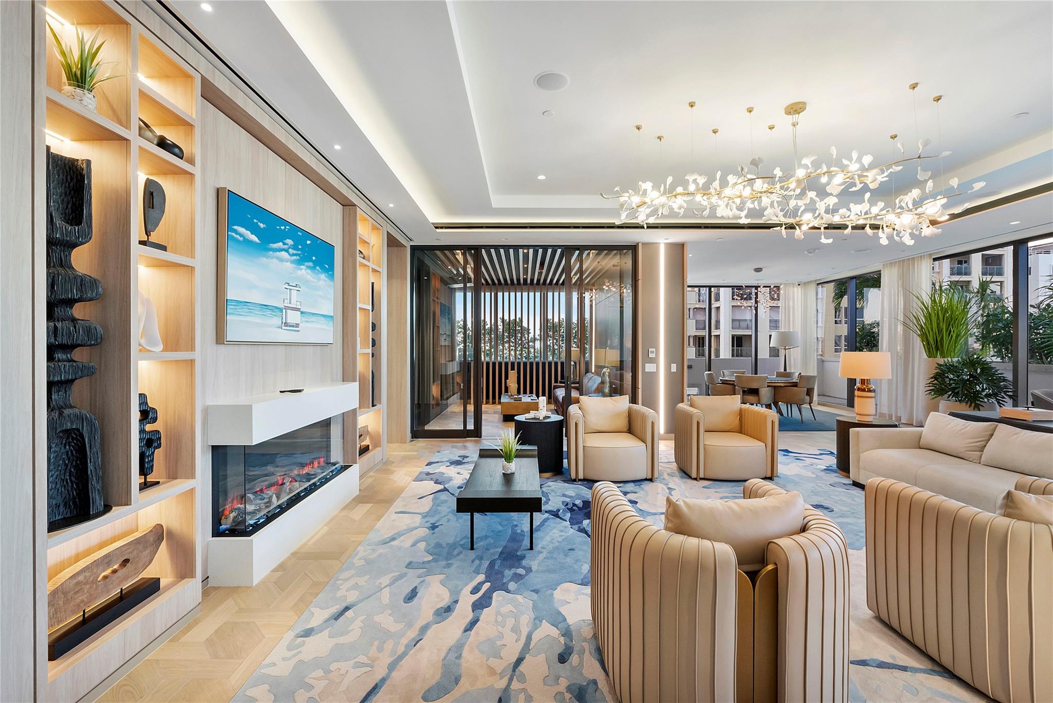 The fireplace is warm right now in this cool weather in our social room "The Wave"