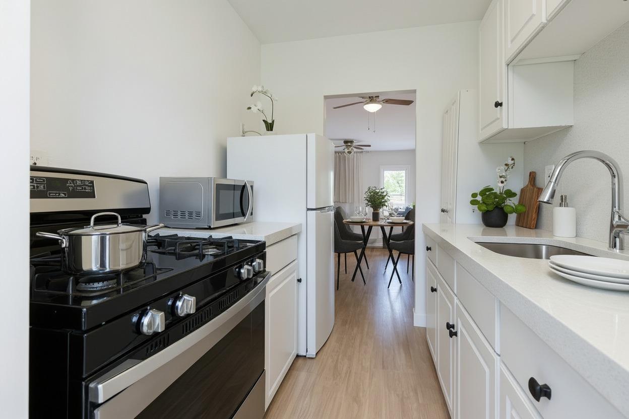 Kitchen looking towards dining/living areas