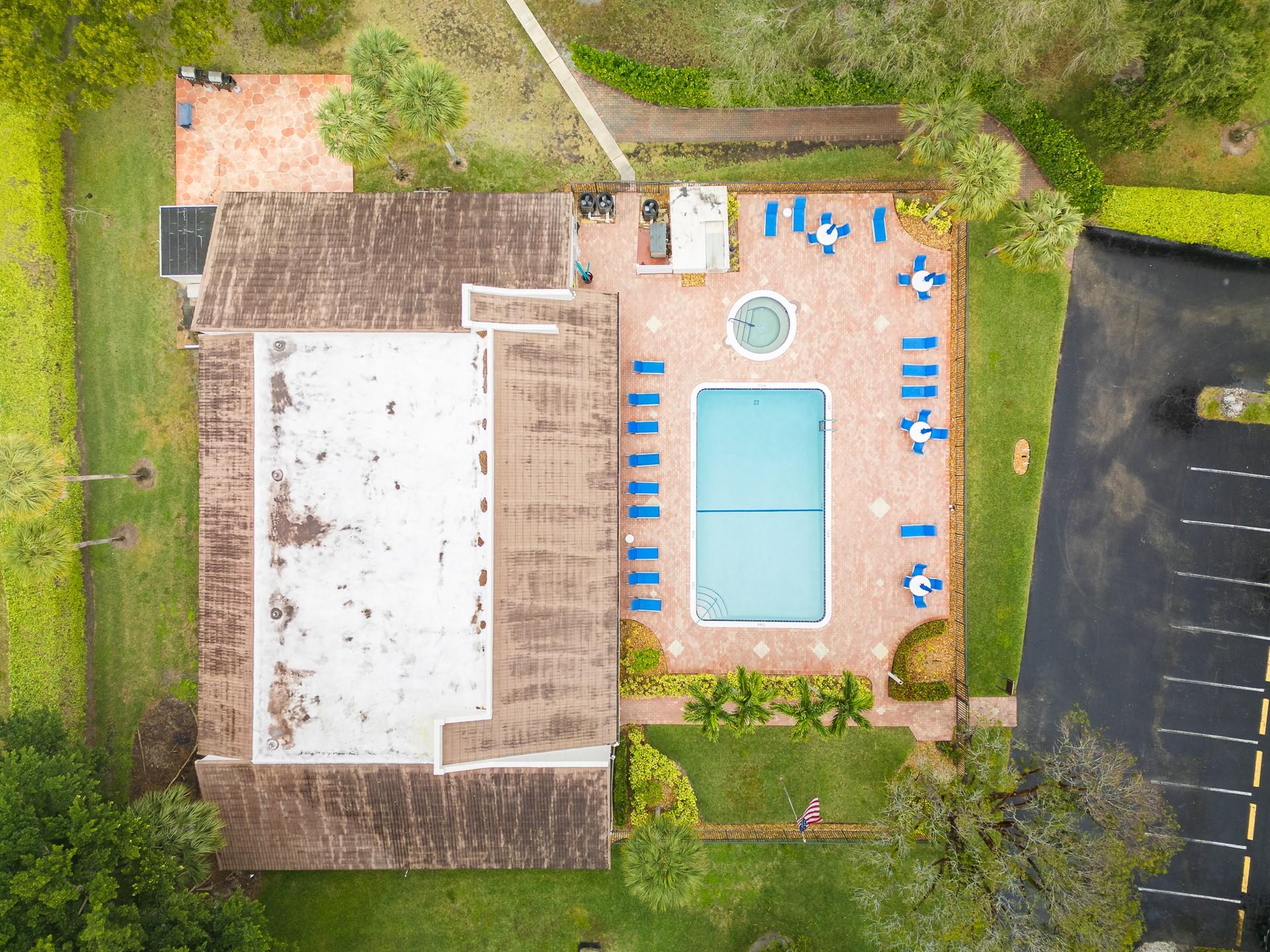 Clubhouse and pool on east side of building