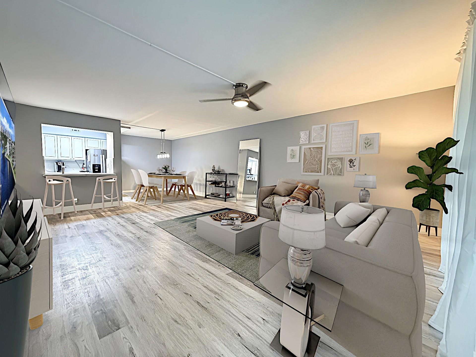 Modern vinyl flooring, lighting, hardware, fixtures, ceiling fans