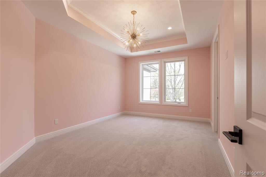 Empty room with ornamental molding, light colored carpet, suspended lighting, and a raised ceiling
