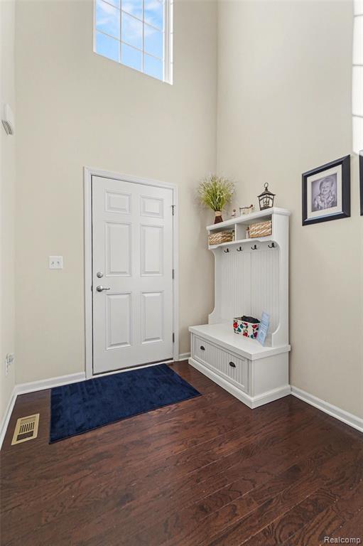 Mudroom with dark wood finished floors and a high ceiling