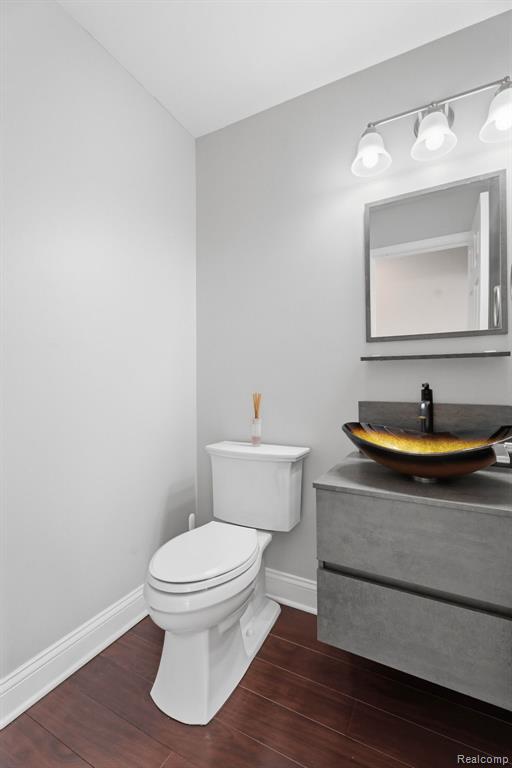 Bathroom featuring vanity and dark wood-style floors