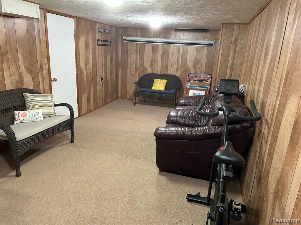 Living room with light carpet and wooden walls