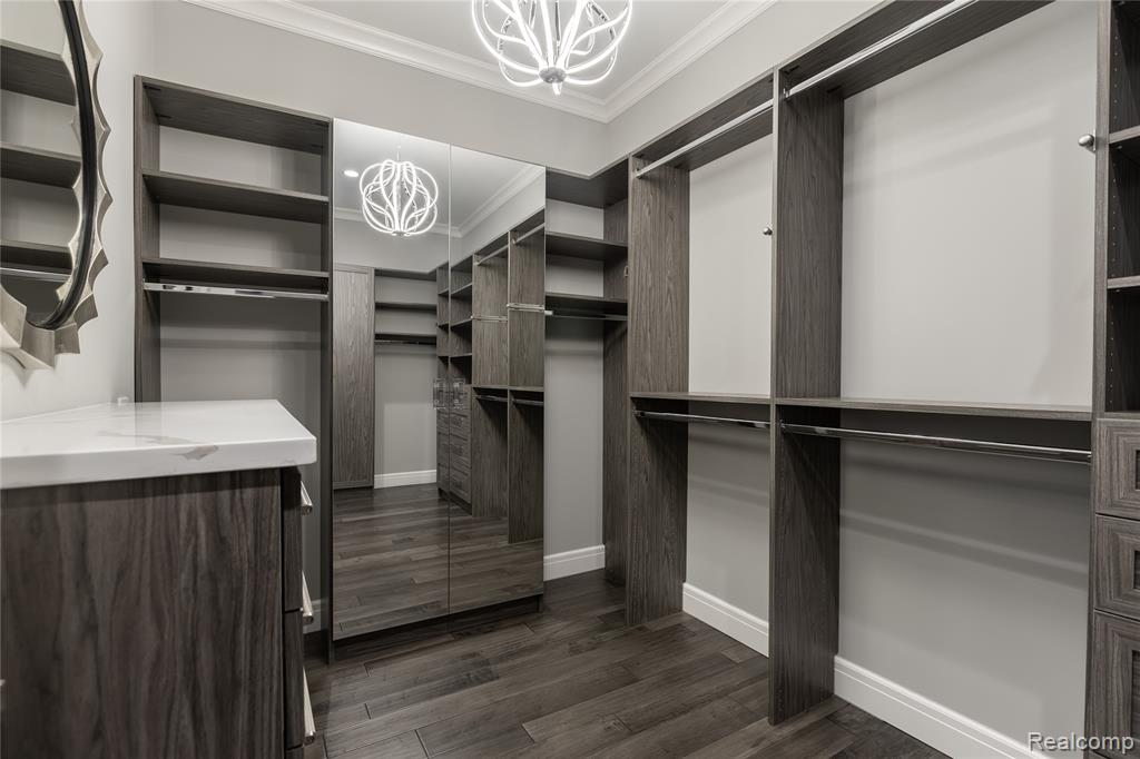 Walk in closet featuring suspended lighting and dark wood finished floors