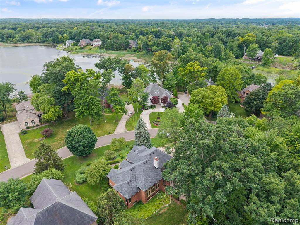 Drone / aerial view of a large body of water and a forest