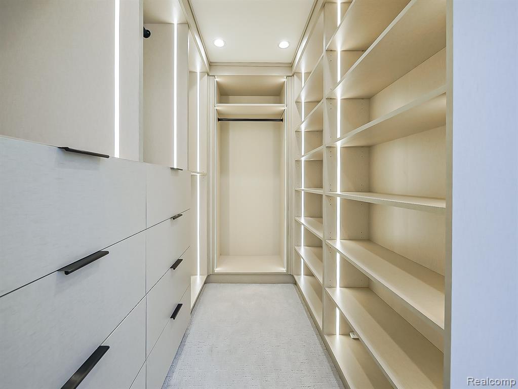 Walk in closet with light colored carpet