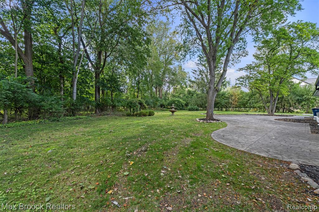 View of grassy yard featuring a patio and view of scattered trees