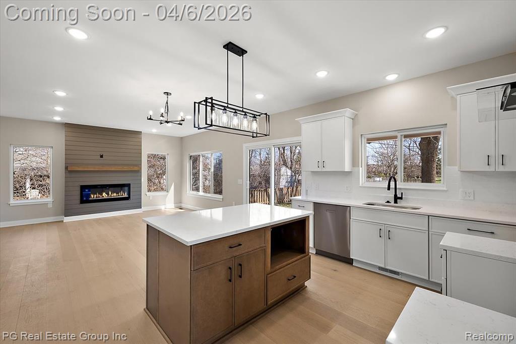 Kitchen with a fireplace, a kitchen island, stainless steel dishwasher, light wood-style flooring, and open floor plan