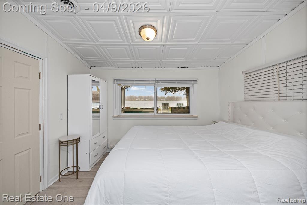 Bedroom with light wood-style flooring and an ornate ceiling