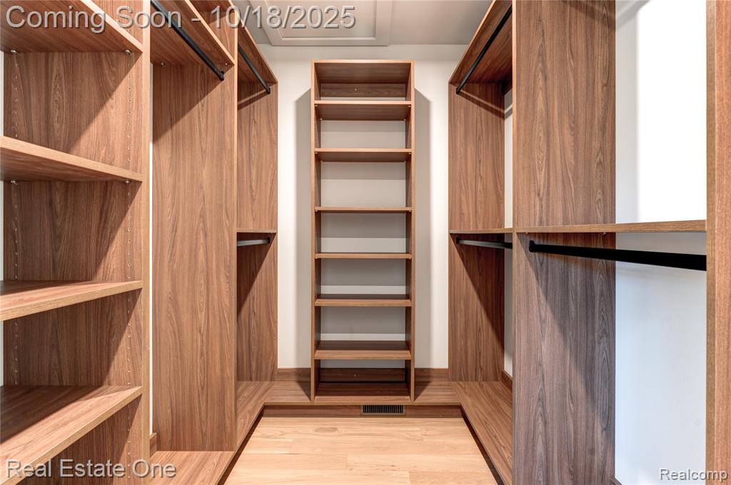 Spacious closet with light wood finished floors