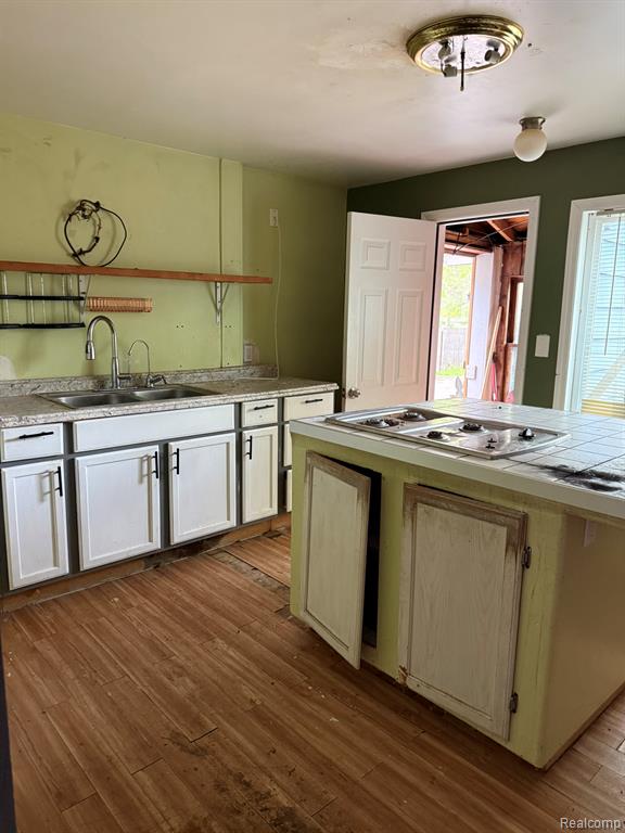 Kitchen featuring light countertops and dark wood-style flooring
