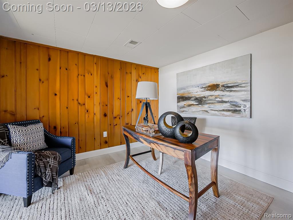 Office space with wood walls