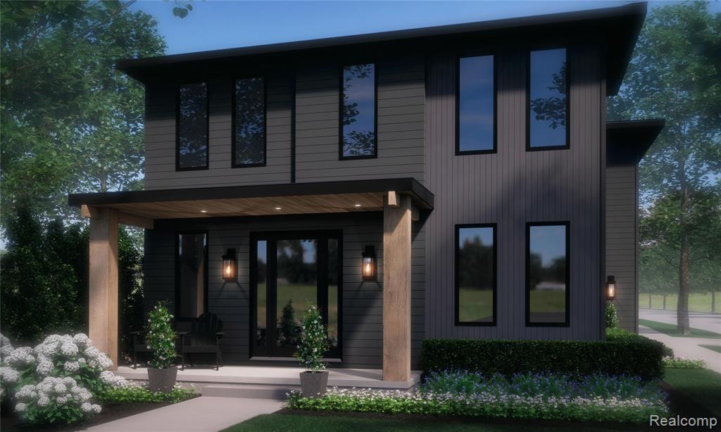 Modern two-story exterior featuring vertical and horizontal siding, covered entryway with wooden support posts, recessed ceiling lighting, and black-framed windows