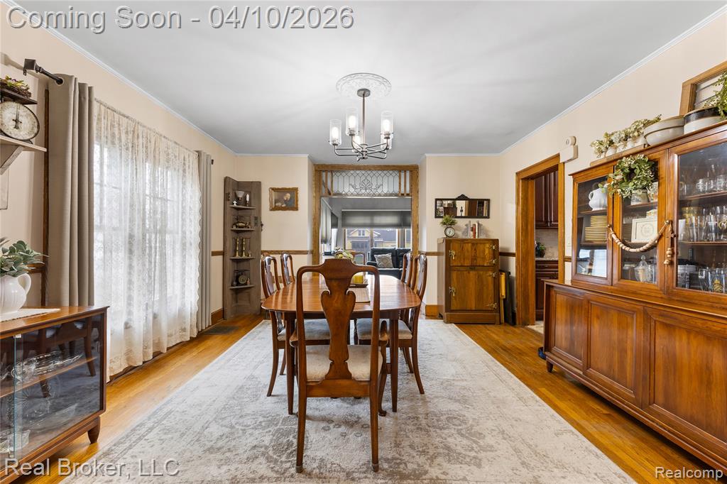 Dining room featuring hanging lights, light wood finished floors, crown molding, and a wainscoted wall
