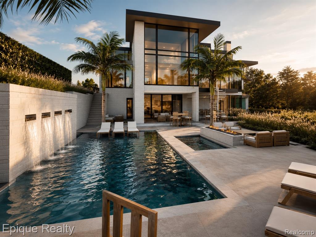 Contemporary exterior with expansive floor-to-ceiling windows, a multi-level design, a swimming pool with water features, a separate hot tub, and a spacious patio