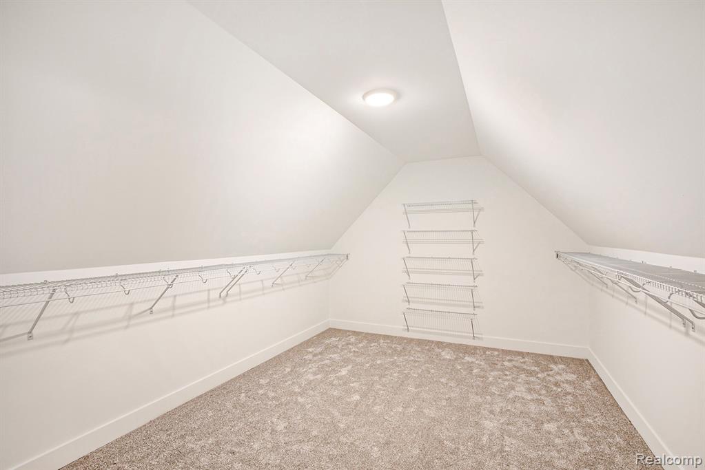 Spacious closet featuring light colored carpet and vaulted ceiling