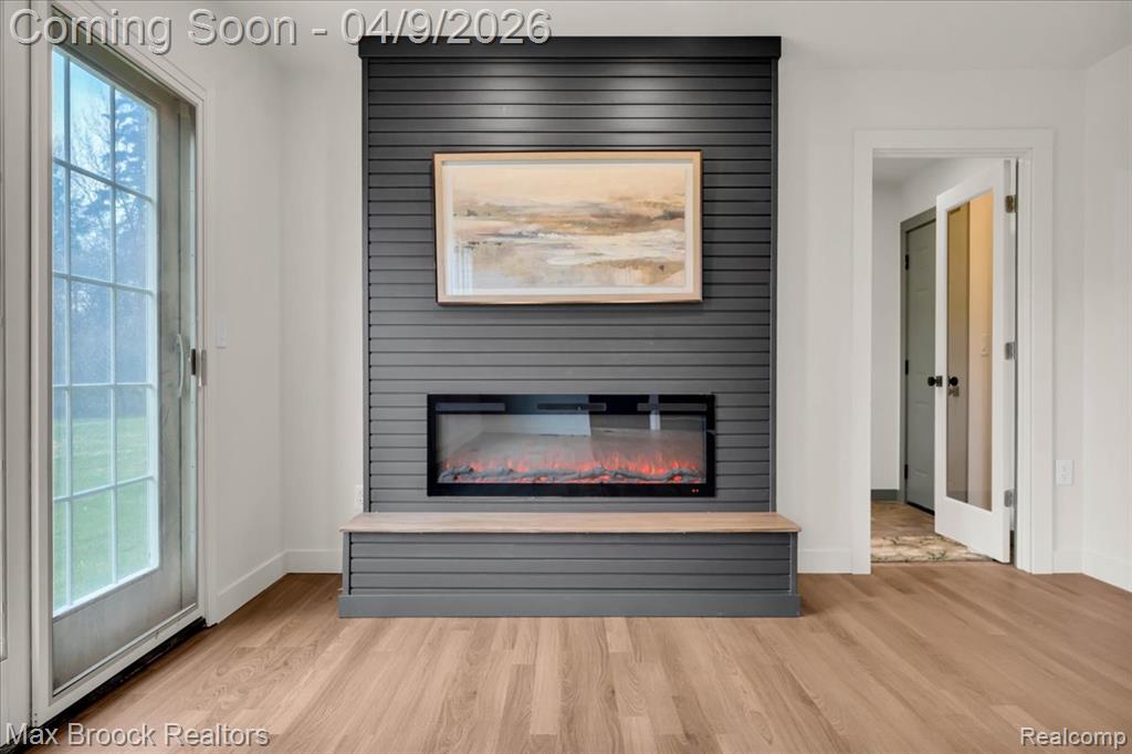 Detailed view of wood finished floors and a fireplace