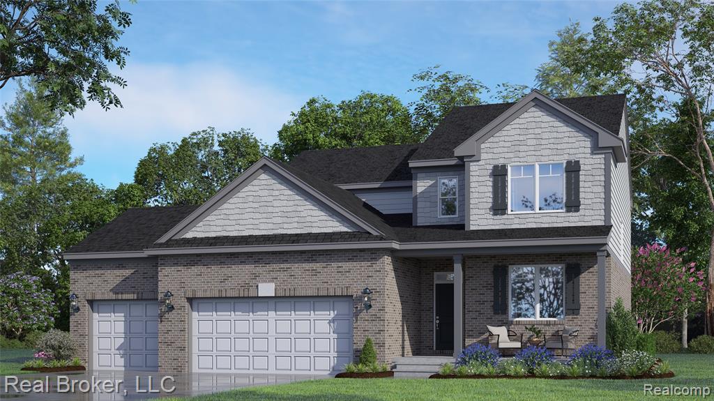 View of front of house featuring an attached garage, covered porch, driveway, and brick siding