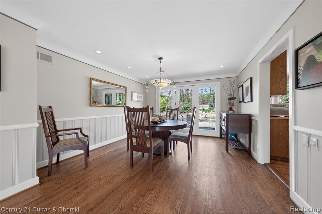 Dining space with dark wood-type flooring, wainscoting, a chandelier, and a decorative wall