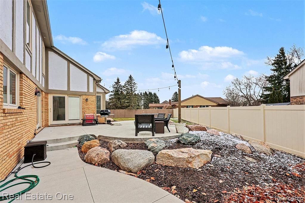 Fenced backyard with a patio